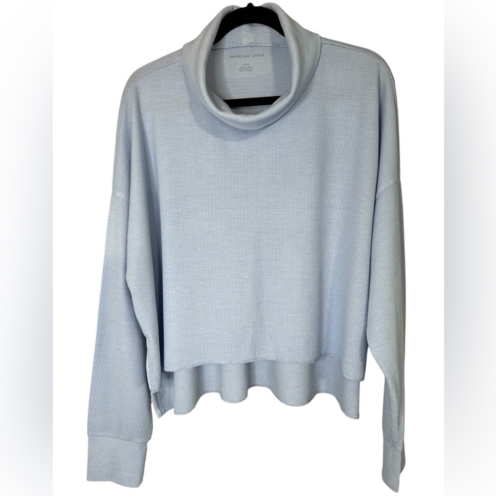 AE Waffle Knit Cowl Neck Crop Top - Light Blue